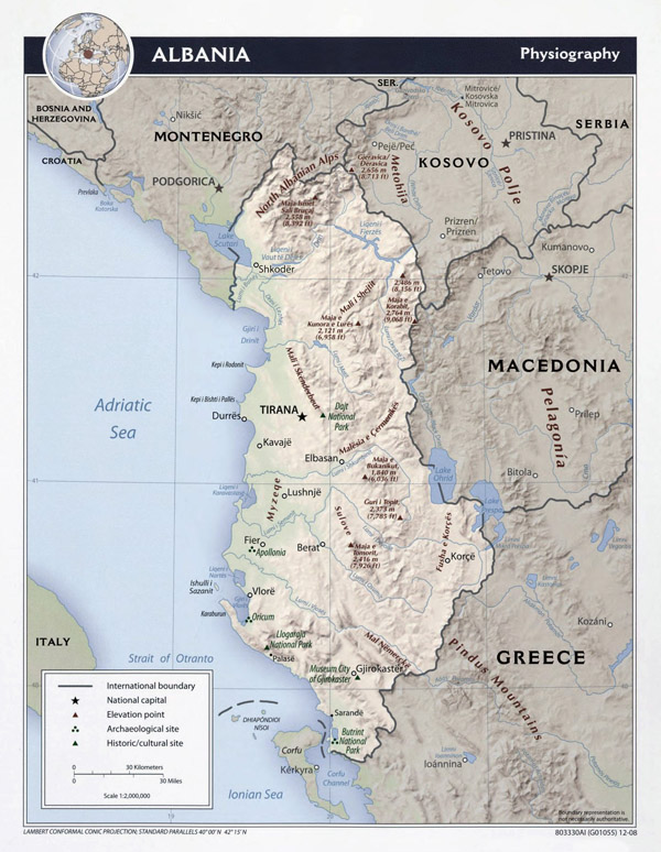 Large detailed physiography map of Albania - 2008.