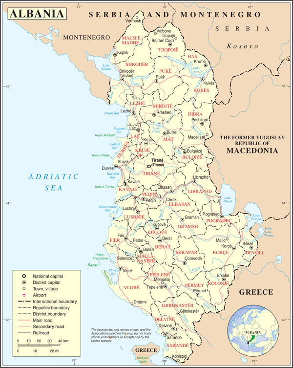 Large detailed political and administrative map of Albania with all cities, roads and airports.