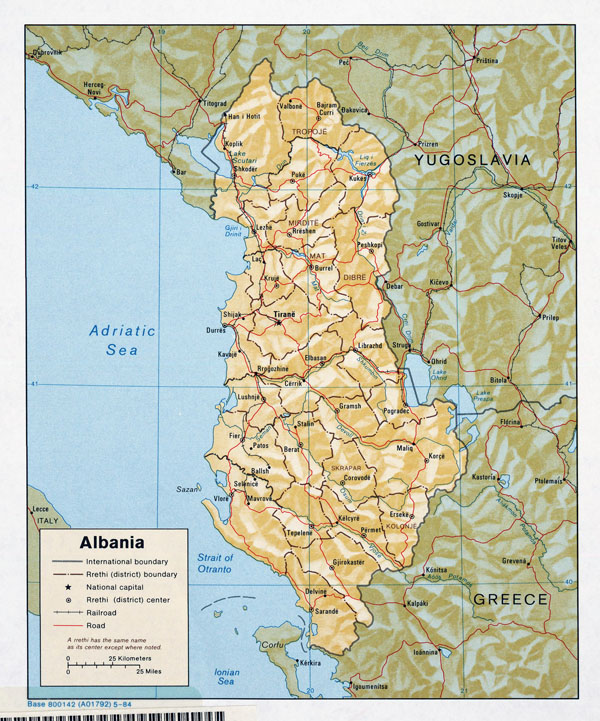 Large detailed political and administrative map of Albania with relief - 1984.