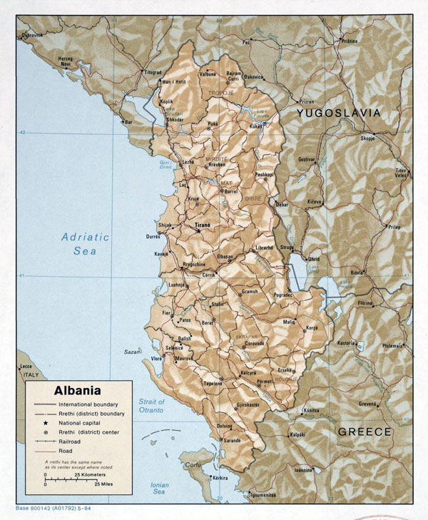 Large detailed political and administrative map of Albania with relief, roads and major cities - 1984.