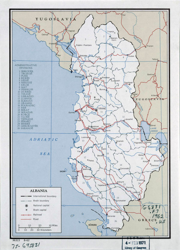 Large detailed political map of Albania with administrative divisions, roads and major cities - 1962.