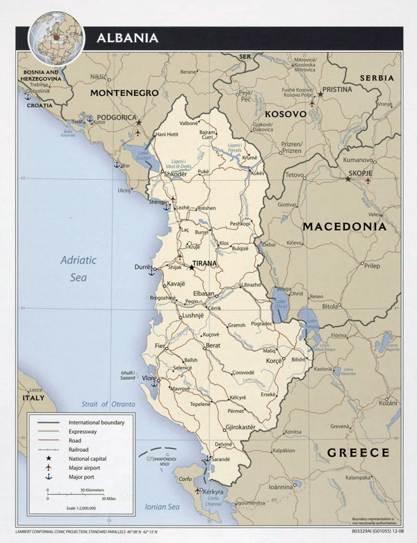 Large detailed political map of Albania with roads, major cities, airports and seaports - 2008.