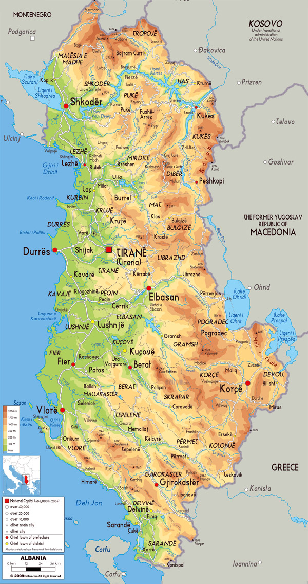 Large physical map of Albania with roads, cities and airports.