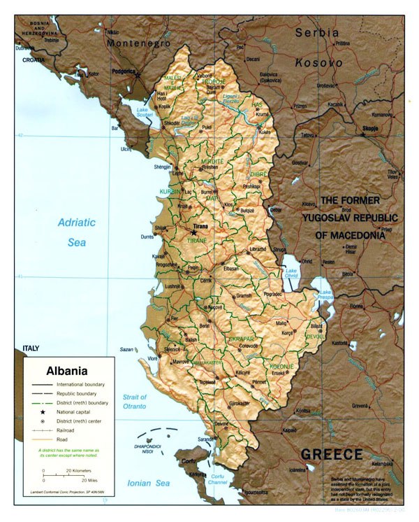 Large political and administrative map of Albania with relief - 2000.