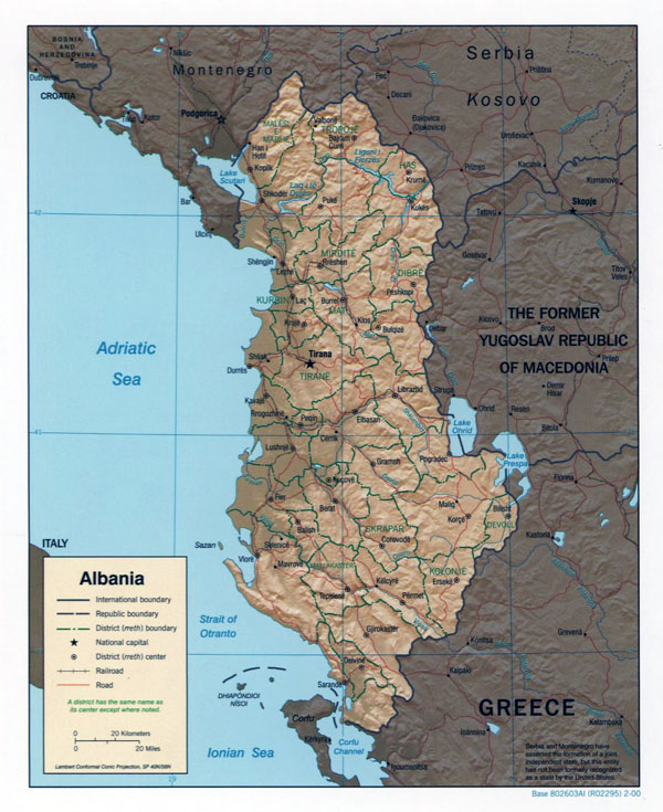 Large political and administrative map of Albania with relief, roads and major cities - 2000.