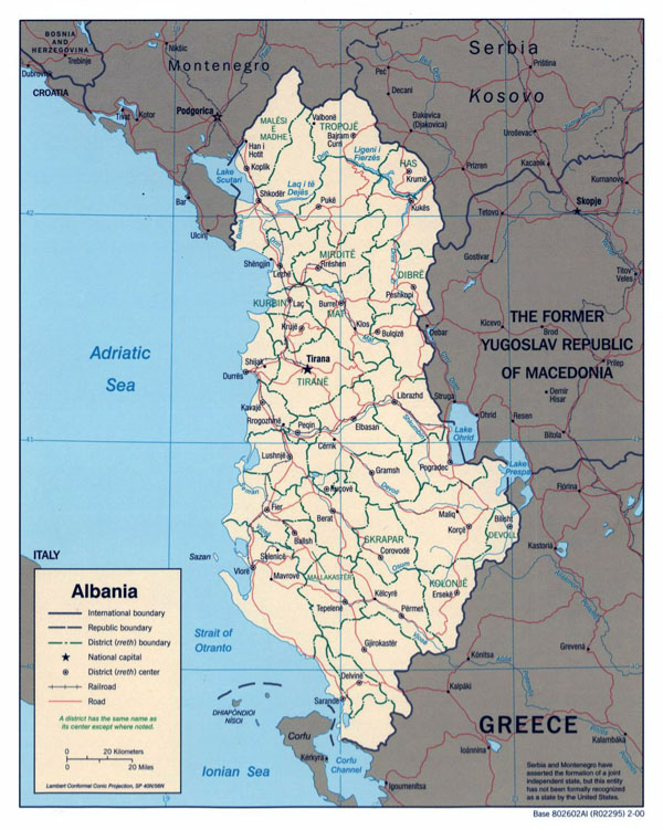 Large political and administrative map of Albania with roads and major cities - 2000.