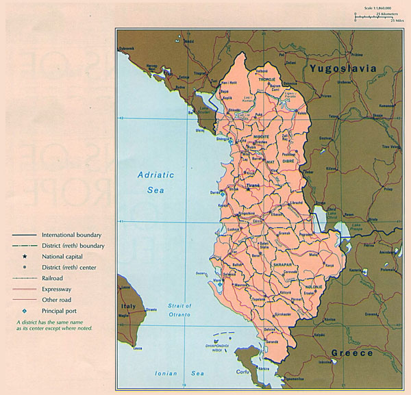 Large political and administrative map of Albania with roads, expressways and major cities - 1990.