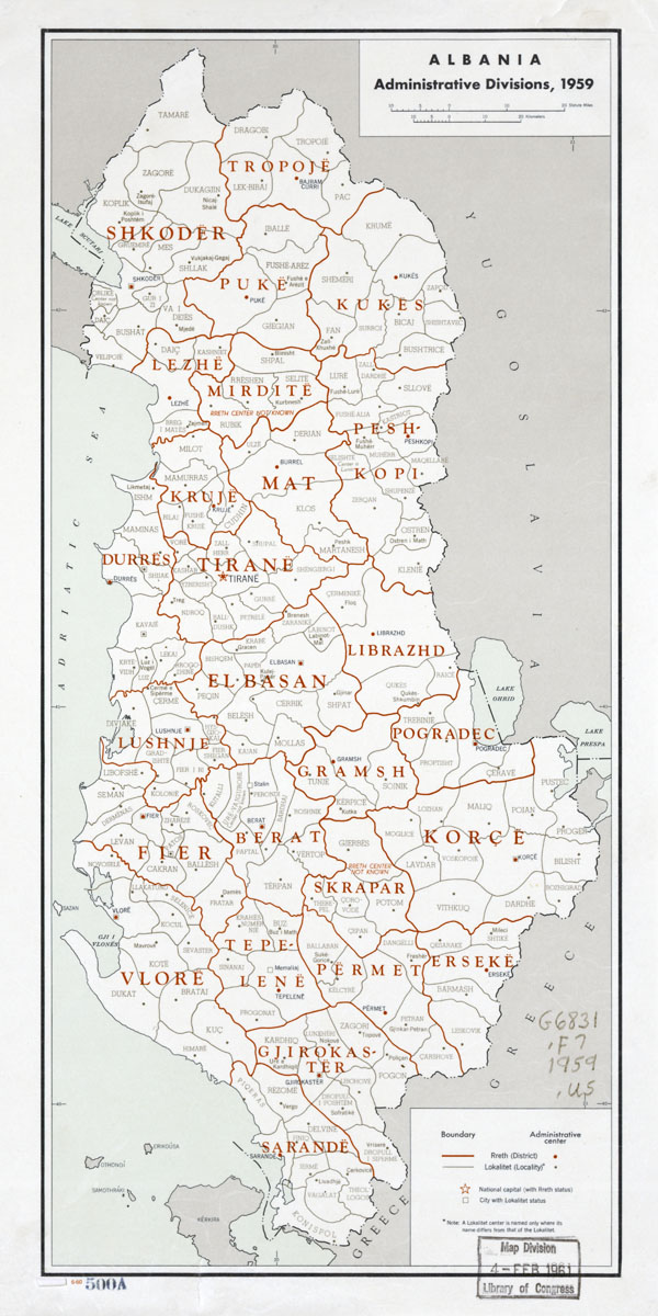 Large scale administrative divisions map of Albania - 1959.