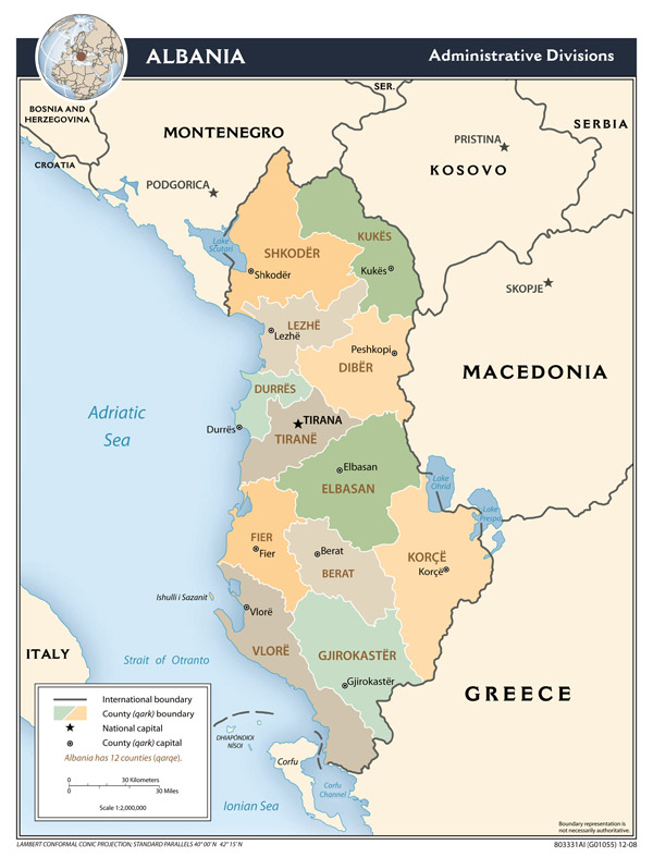 Large scale administrative divisions map of Albania - 2008.