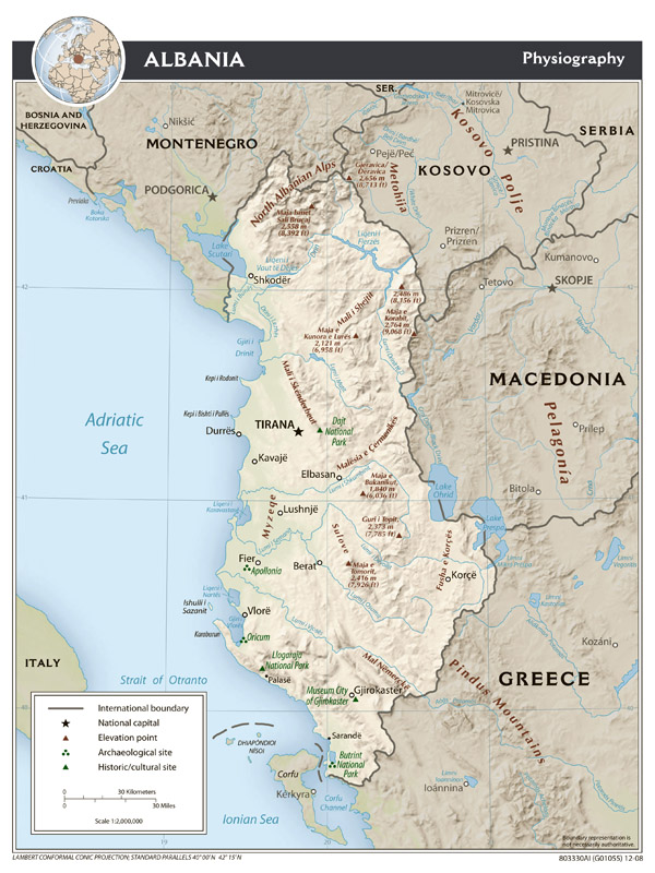 Large scale physiography map of Albania - 2008.