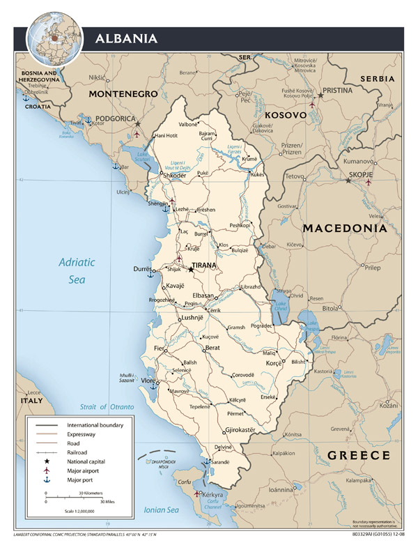 Large scale political map of Albania with roads, major cities, airports and seaports - 2008.