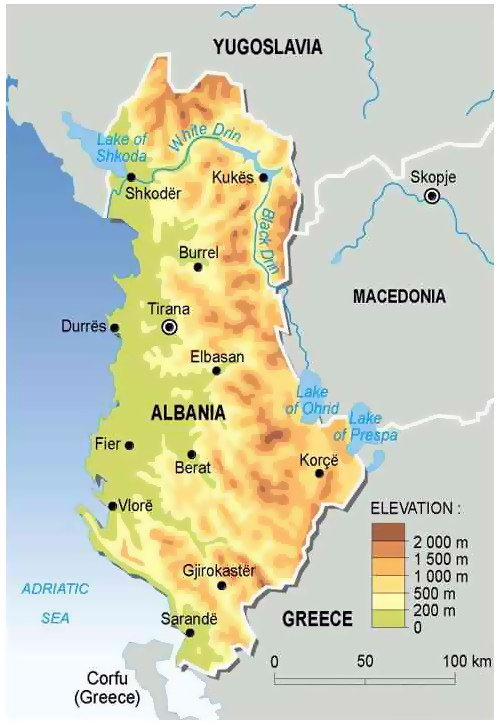 Physical map of Albania. Albania physical map.