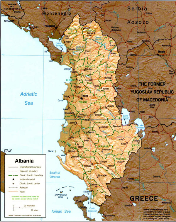 Relief and administrative map of Albania.