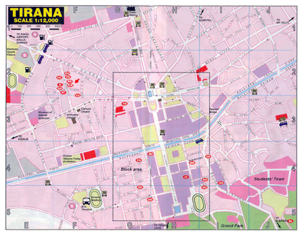 Large road map of central part of Tirana city.