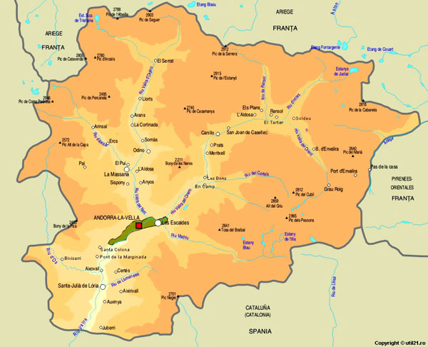 Detailed elevations map of Andorra with cities.