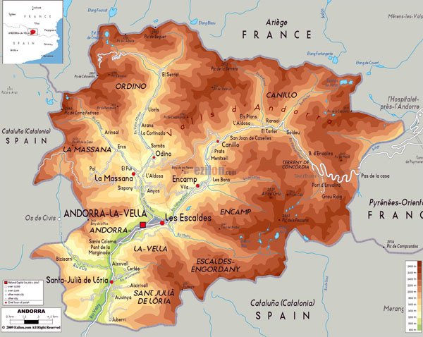 Large detailed physical map of Andorra with all roads, cities and villages.