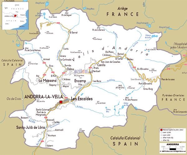 Large detailed roads map of Andorra with all cities and villages.