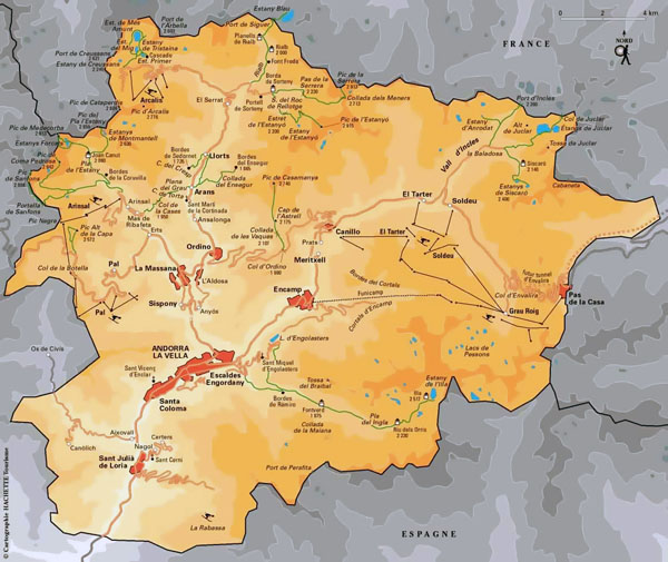 Large elevation and tourist map of Andorra.