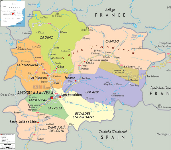 Political map of Andorra. Andorra political map.