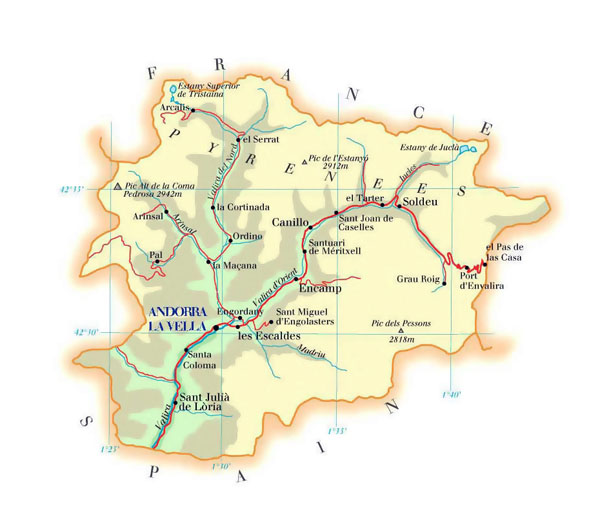 Roads and elevation map of Andorra.