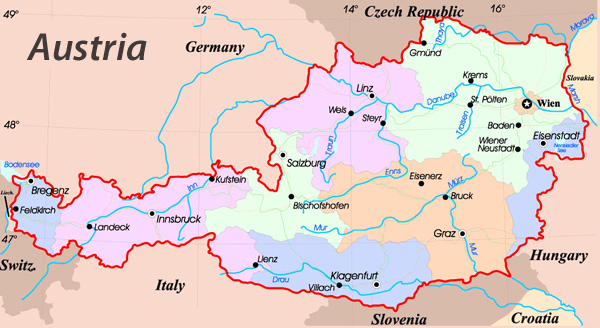 Administrative map of Austria. Austria administrative map.