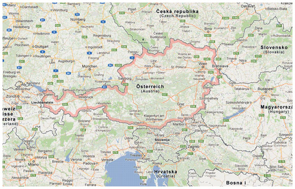 Detailed map of Austria and surrounding countries with borders.