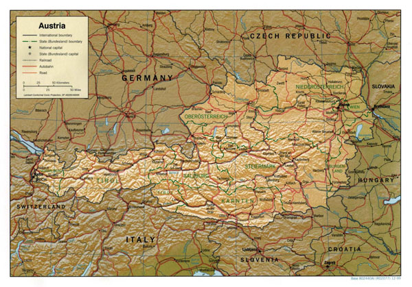 Detailed political map of Austria with administrative divisions, relief, roads and major cities.