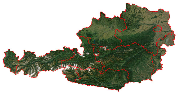 Detailed satellite map of Austria with borders of administrative divisions.