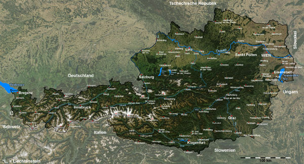 Detailed satellite map of Austria with cities. Austria detailed satellite map with cities.