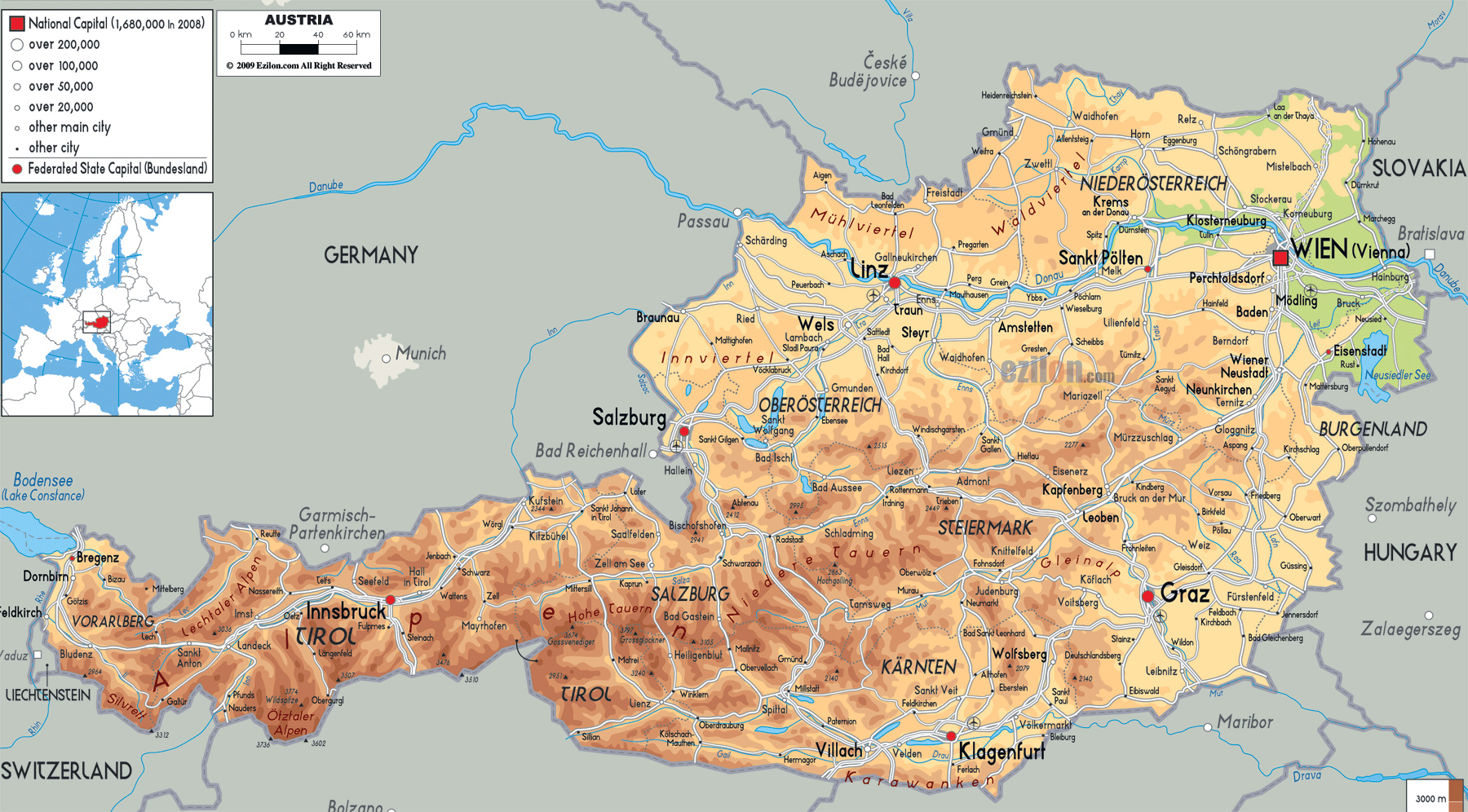 Large Detailed Physical Map Of Austria With All Cities Roads And Airports 