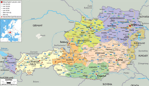 Large detailed political and administrative map of Austria with all cities, roads and airports.