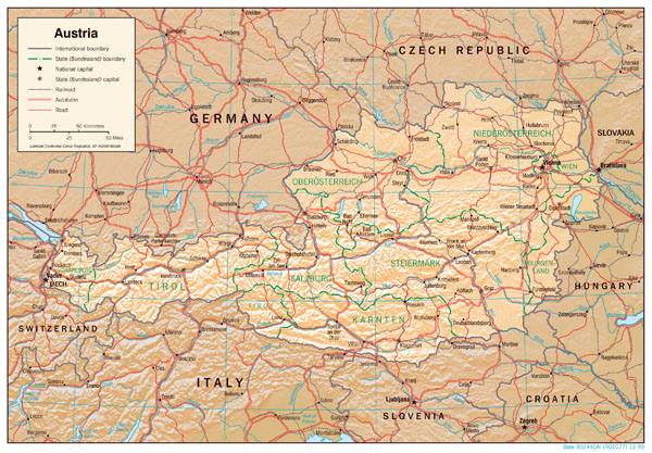 Large detailed political and administrative map of Austria with relief, highways and major cities.