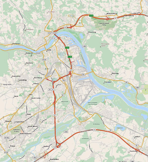 Detailed road map of Linz city. Linz city detailed road map.