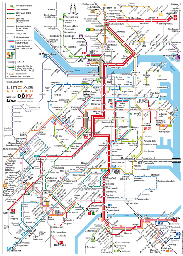 Large detailed public transportation map of Linz city.