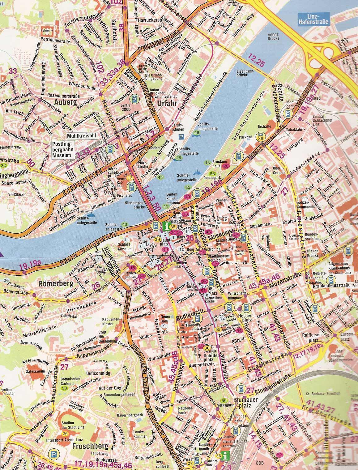 Large detailed road map of center Linz city. Center Linz city large