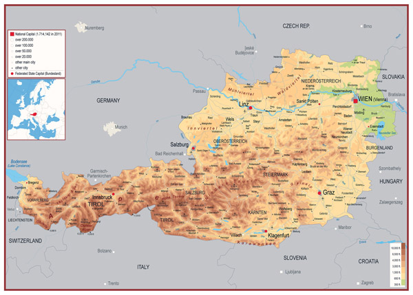 Physical map of Austria. Austria physical map.