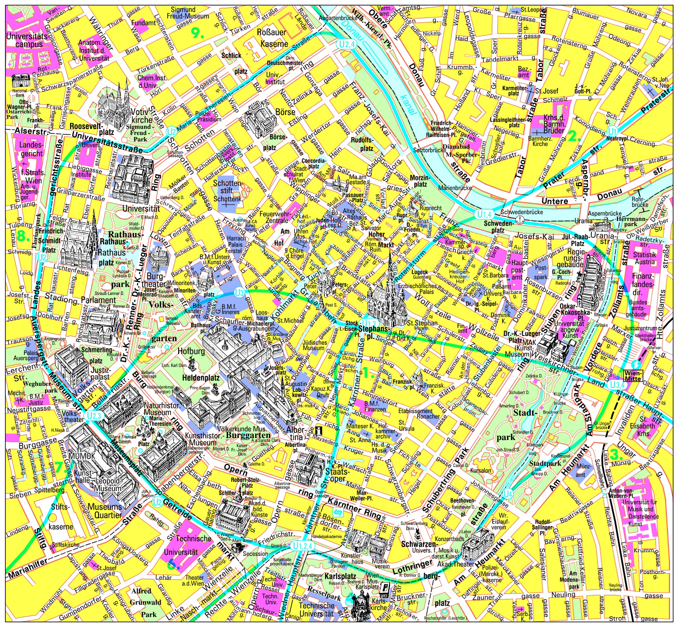 Large detailed tourist map of center Vienna city. Center Vienna city
