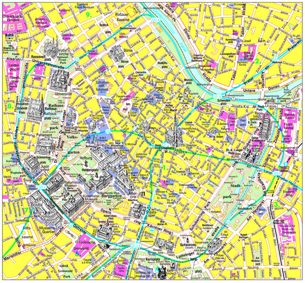 Large detailed tourist map of center Vienna city.