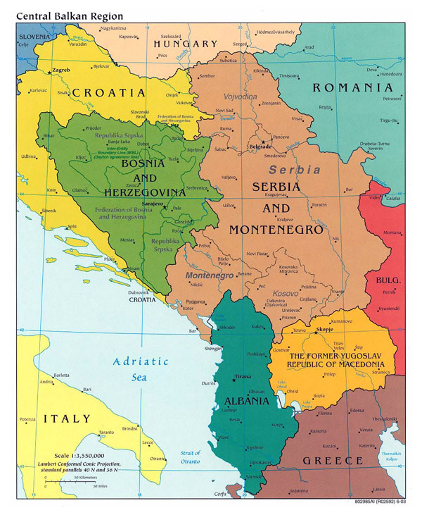 Detailed political map of Central Balkan Region with major cities - 2003.