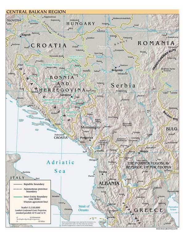 Central Balkan Region detailed political map with relief and major cities - 1999.