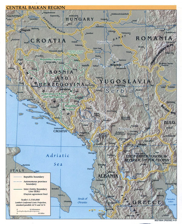 Central Balkan Region detailed political map with relief and major cities - 2001.