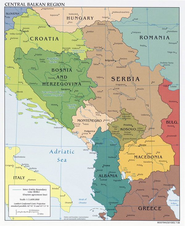 Large detailed political map of Central Balkan Region with major cities - 2008.