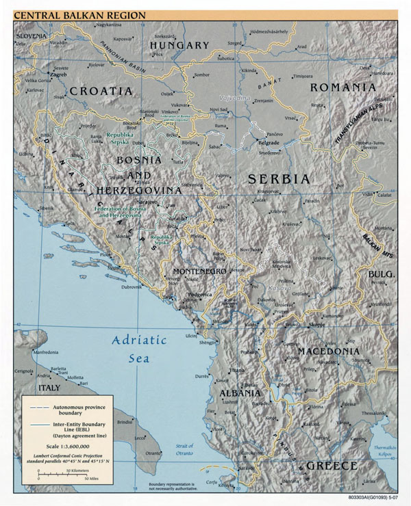 Central Balkan Region large detailed political map with relief and major cities - 2007.