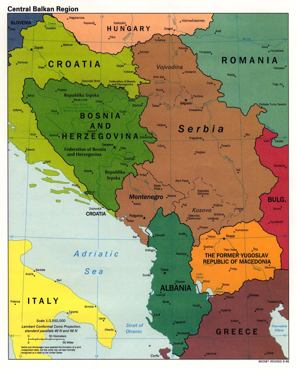 Large political map of Central Balkan Region with cities - 1998.