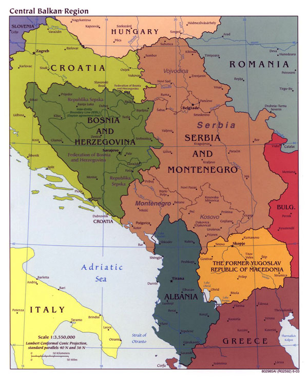Large political map of Central Balkan Region with major cities - 2003.