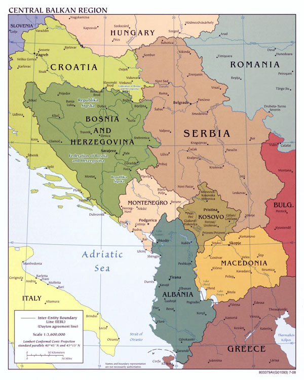Large political map of Central Balkan Region with major cities - 2008.
