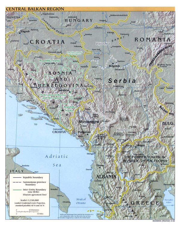 Large political map of Central Balkan Region with relief and cities - 2000.