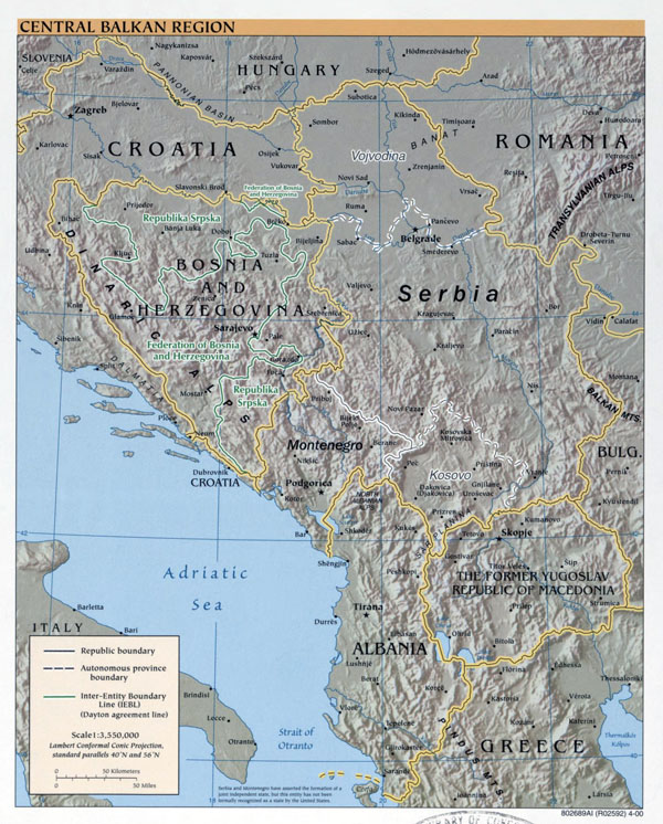 Large political map of Central Balkan Region with relief and major cities - 2000.