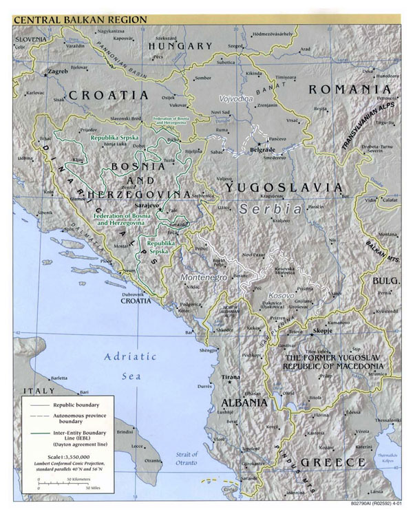 Central Balkan Region large political map with relief and major cities - 2001.