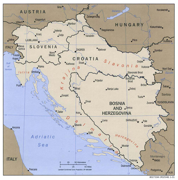 Large political map of Western Balkans with major cities - 2001.